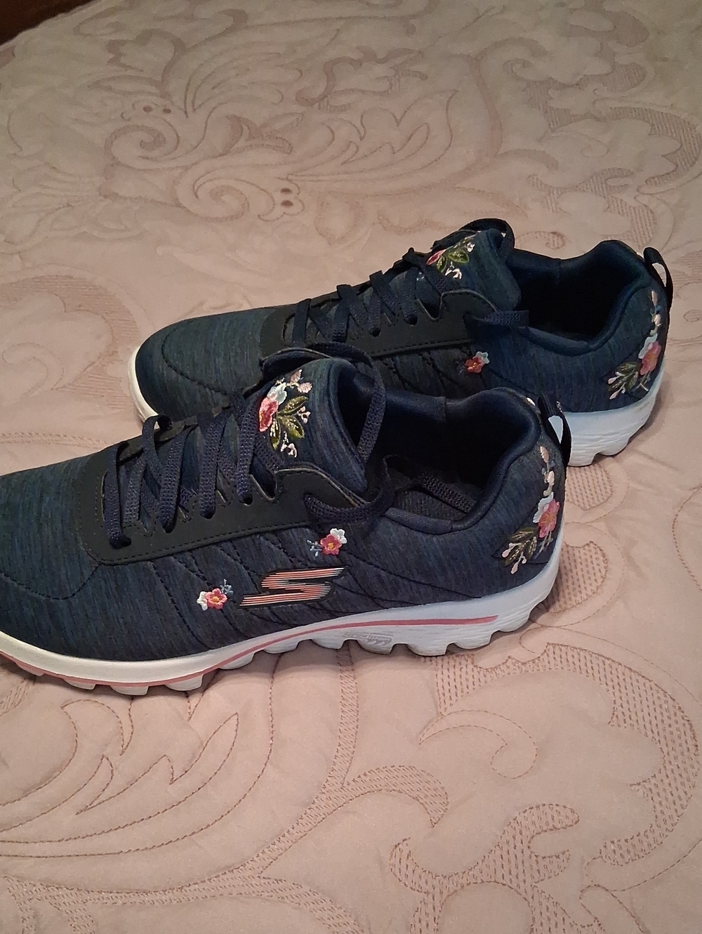 Skechers Navy Athletic Sneakers with Pink Floral Embroidery